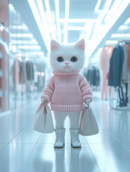 modern organic,Front view,Full Length Shot(FLS),Cold light,A white kitten, anthropomorphized, dressed in a pink sweater and white boots, with a bag slung over its arm, shopping for clothes in a mall.