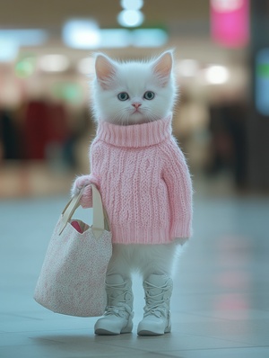 modern organic,Front view,Full Length Shot(FLS),Cold light,A white kitten, anthropomorphized, dressed in a pink sweater and white boots, with a bag slung over its arm, shopping for clothes in a mall.