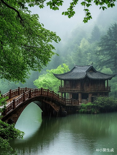 雨中的小桥溪水治愈风景