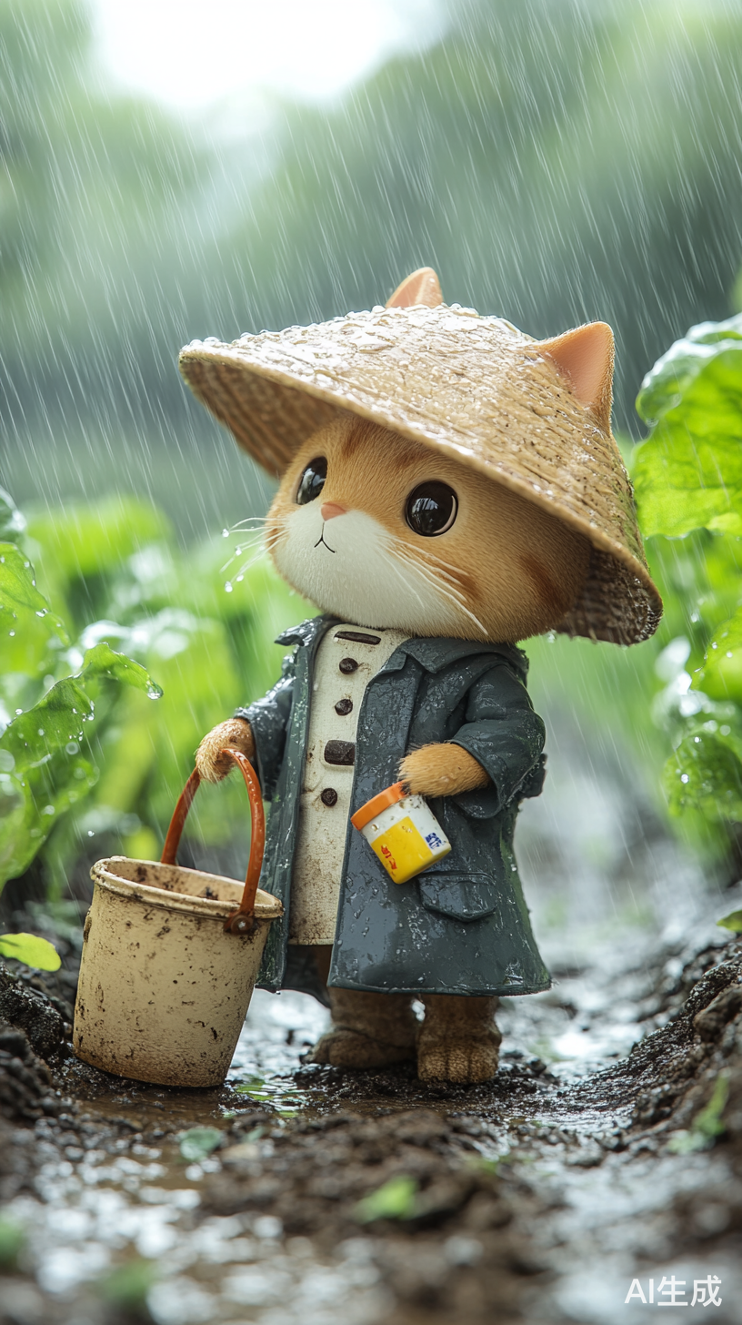 雨水浸润的菜园里可爱猫咪勇敢除虫
