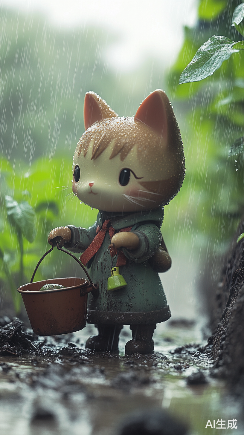 雨水浸润的菜园里可爱猫咪勇敢除虫