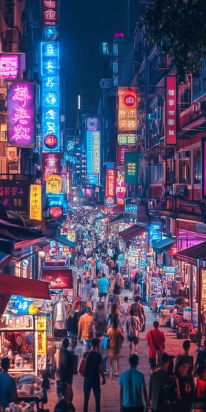繁华商业街购物场景五光十色人潮涌动
