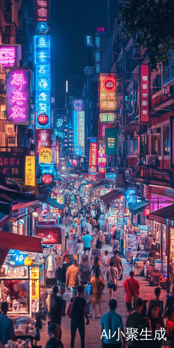 繁华商业街购物场景五光十色人潮涌动