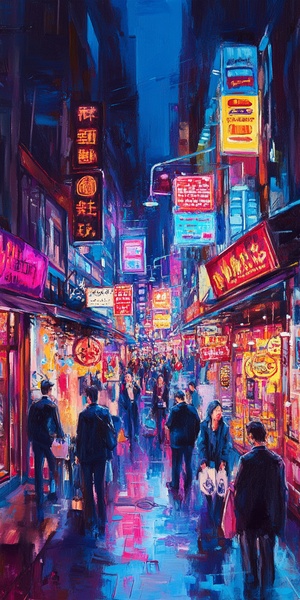 繁华商业街购物场景五光十色人潮涌动