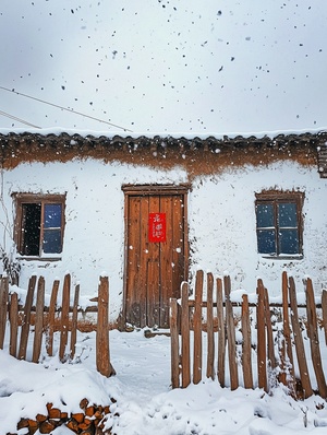 在冬季,天空多云且沉重地覆盖着雪。在中国农村的一座土坯房前,一个木栅栏矗立在白色的、被雪覆盖的泥墙之间。门上的红色对联为外观增添了色彩。下面还有一些柴火,为人们在穿越雪景时的行走增添了温暖。这张照片是用手机相机拍摄的。它有一个广角镜头,突出了每栋建筑的每一个细节。感觉就像你可以感受到皮肤上的冷空气,甚至在你的...