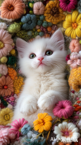 可爱小白猫环绕五彩花朵的温馨刺绣特写