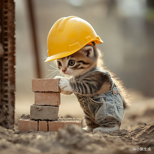 小猫咪在工地搬砖穿安全帽与工作服