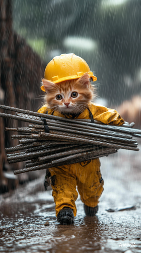 小猫猫雨天工地服扛重钢筋的奇妙旅程