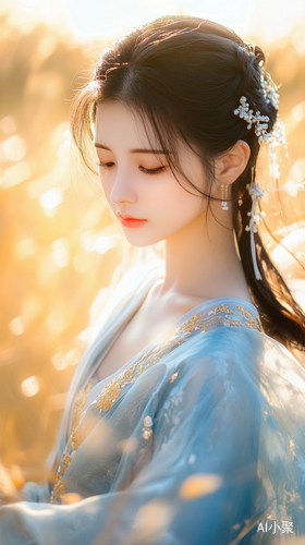 Elegant Hanfu Dress in Fairytale Setting with Golden Sunshine