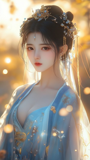 1️⃣ Elegant and beautiful Chinese attire, a gorgeous Hanfu dress, set against a fairytale-like background. Bathed in golden sunshine, the delicate fabric is adorned with shimmering blue and gold silk thread embellishments. The high-definition photography captures the natural, charming expression of the subject, with delicate facial features and captivating eyes. ar 71:114