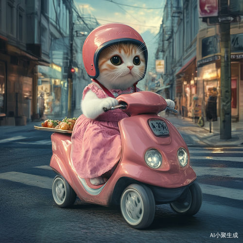 小猫骑电动车送外卖穿粉色衣服戴头盔