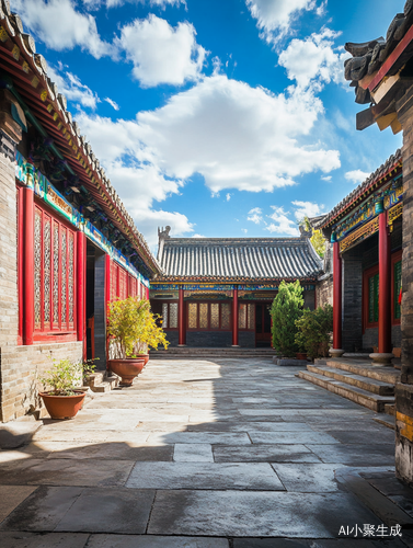 庭院一角石榴成熟蓝天白云广角美景