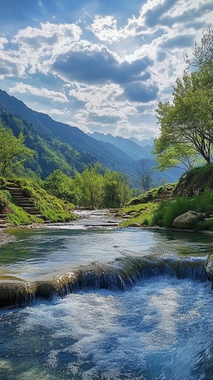 山水如画的美，白云飘逸，阳光洒向山间，泉水流敞，绝美的风景，旅游的好地方。