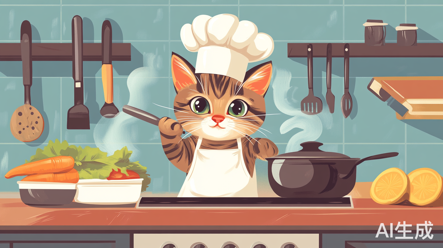 穿背带裤的厨师猫咪在厨房烹饪