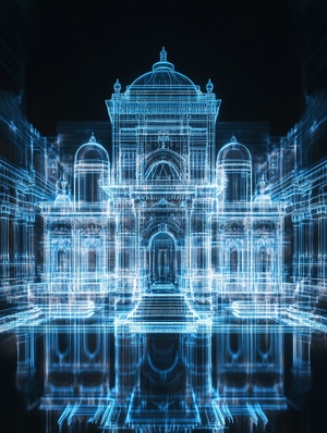 The beauty of traditional architecture, Minimalist style, holographic colors, futuristic design elements, hologram screen holography light effect, In the center is an illuminated ancient palace building made from glass, in the style of transparent liquid on black background, light white and dark blue colours