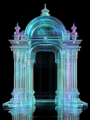 The beauty of traditional architecture, Minimalist style, holographic colors, futuristic design elements, hologram screen holography light effect, In the center is an illuminated ancient palace building made from glass, in the style of transparent liquid on black background, light white and dark blue colours