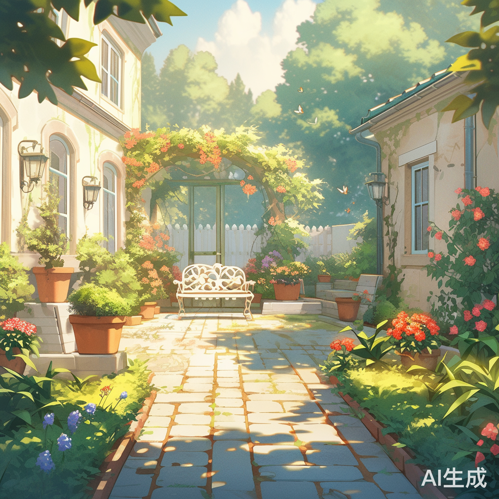 温暖阳光照耀生机盎然的小院与蜿蜒石板路