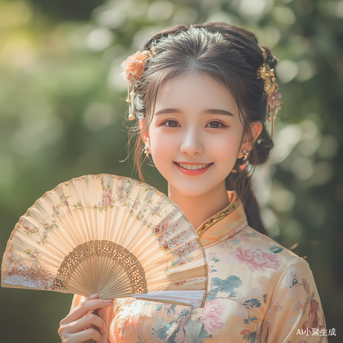 中国女孩身着旗袍微笑持扇乐观面对镜头