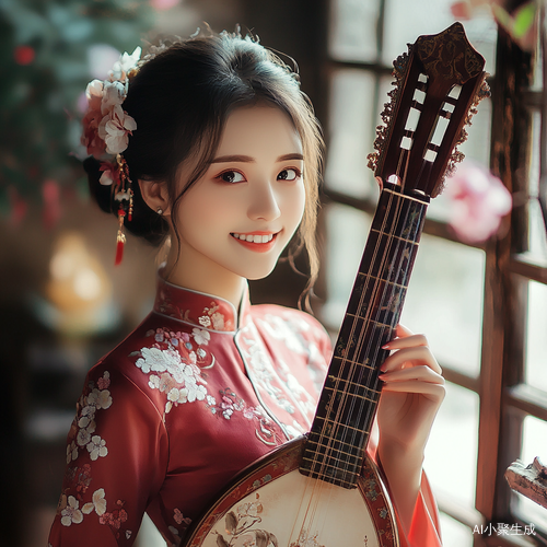 中国美少女穿古色旗袍手持琵琶微笑看镜头