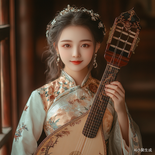 中国美少女穿古色旗袍手持琵琶微笑看镜头