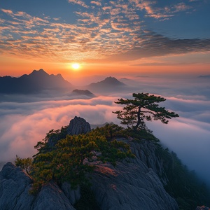 泰山日出美景，早晨，真实拍照感，超高清，云雾缭绕，迎客松，8k，超广角，远景，饱满，大师作品。