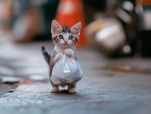 一只小猫咪，浏览街头，拿着塑料袋，向包子铺老板讨要包子 ，可怜兮兮，