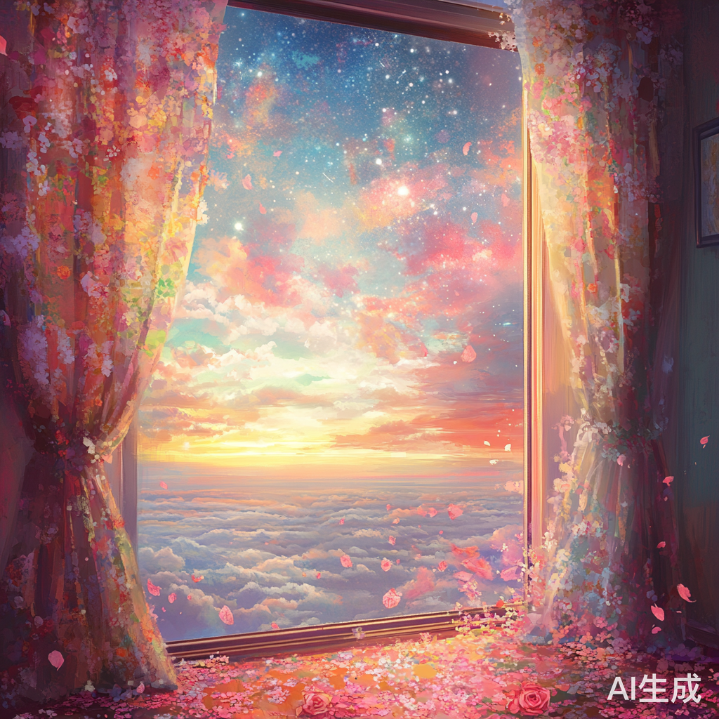 梦幻色彩交织的日落与星光窗前的温馨浪漫