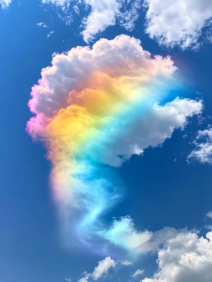 blue sky and white clouds, in the suburbs, there is a huge rainbow cloud on a straight road, rainbow cloud as the main body, 300mm close-up lens, layer by layer of different colors, the outermost is white, spiral, canon lens, close-up, close-up, real shooting, super clear, detailed close-up ar 3:4 v 5.2