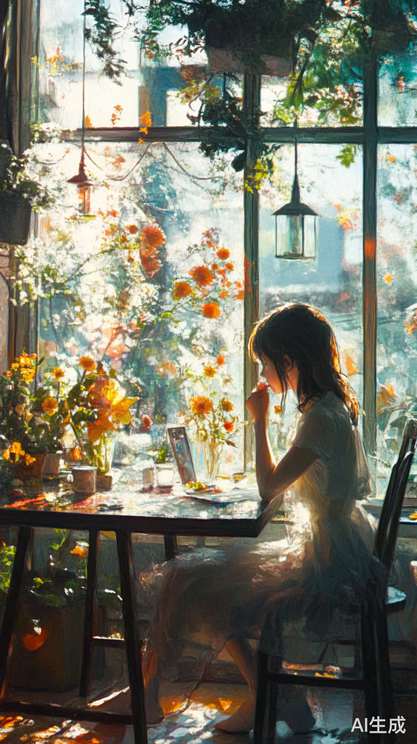 阳光洒在玻璃花房里女孩的静谧时光