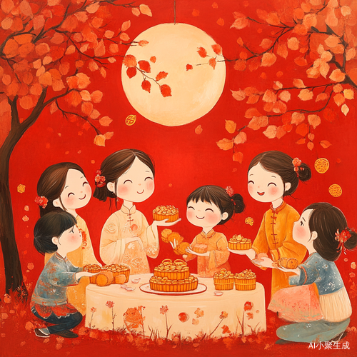 中秋节快乐红色背景团聚家人古风月饼礼盒