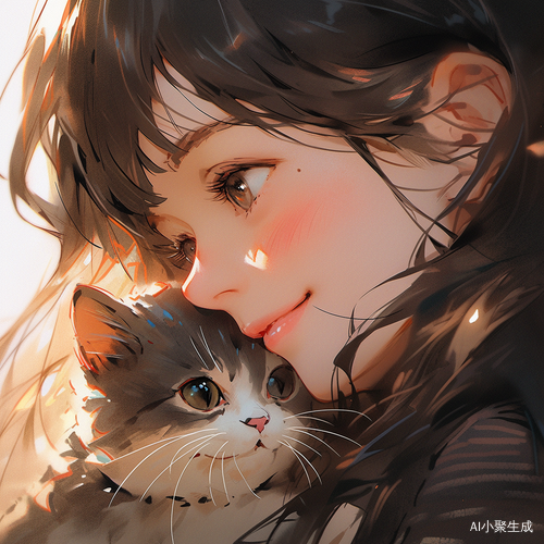超现实主义女孩抱猫微笑高清4K画面