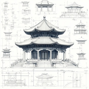 。Sketch of an ancient Chinese building design, drawn in a blueprint style. The main body is presented in 3D, outlining various perspectives of the ancient building. The entire composition features black lines on a pure white background, giving it the feel of a design drawing and hand-drawn sketch. The building is in the center, symmetrical on both sides, and the 3D depiction shows that it is supported by a wooden frame, with stone piers under the columns, three walls made of stone bricks as materials, and t