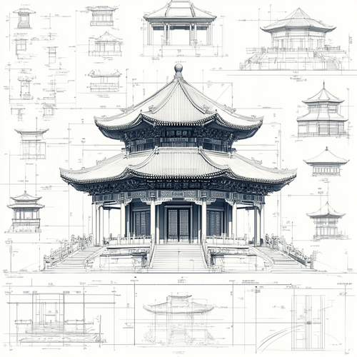 Blueprint Style Sketch of Ancient Chinese Building Design in 3D