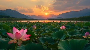 几棵荷花芦苇在荷池边上绽放,，几棵芦苇，芦苇。湖面上晚霞映照，照片采用高分辨率,通过手机拍摄的旅游照片呈现自然风景之美。