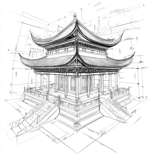 Blueprint Style Sketch of Ancient Chinese Building Design in 3D