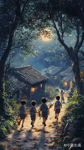 月光下的小树林与快乐小男孩的乡村时光