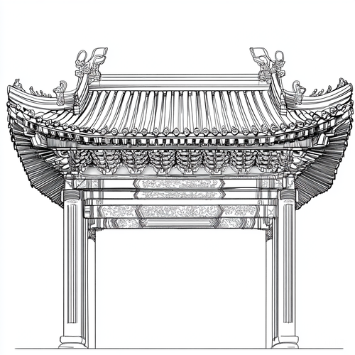 Chinese Ancient Building Ceiling Design Sketch in Line Art Style