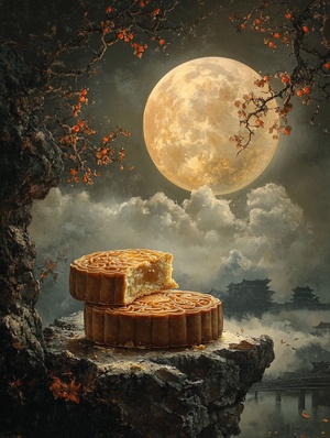 Exquisite moon cakes, missing a corner, looks like a crooked moon, quiet night, Mid-Autumn Festival atmosphere,