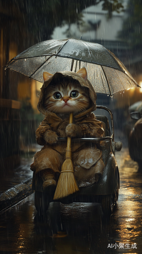 小猫穿清洁阿姨服装骑电动车雨中行