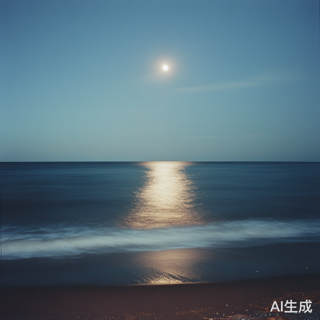 夏日海边月光下的柔和光影与彩色夜空