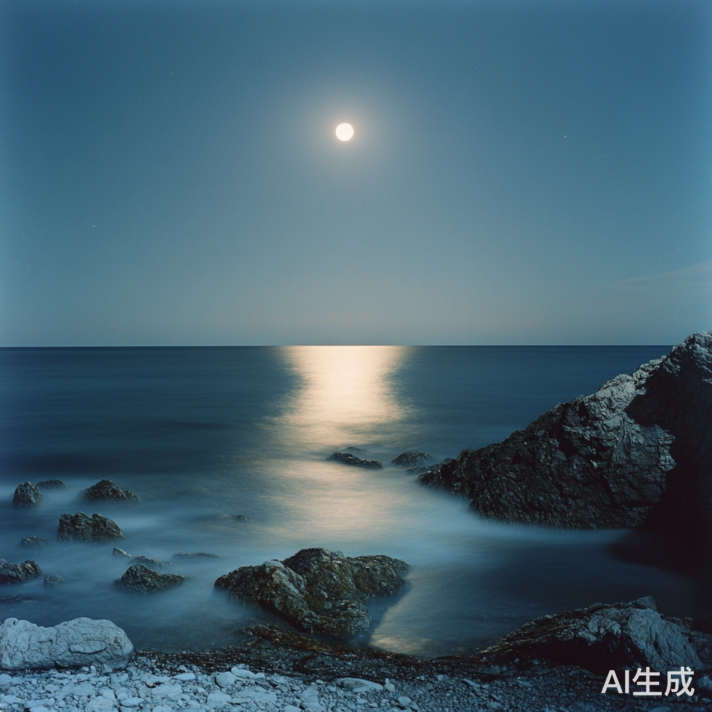 夏日海边月光下的柔和光影与彩色夜空