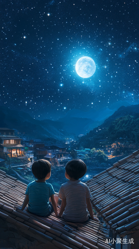 夏日夜空下两个小孩的专注肖像与璀璨星星