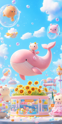 A Whimsical Scene of a Pink Whale and Sunflowers with Joyful Toys