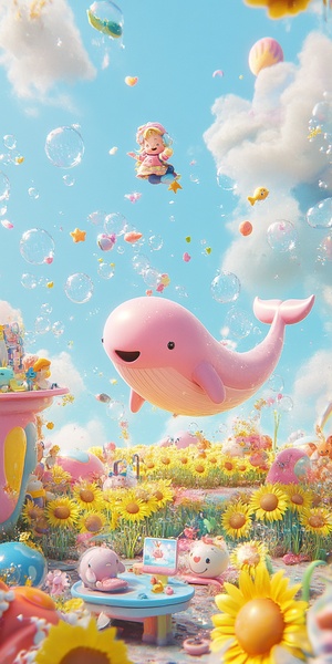 A cute little pink whale is flying and playing with a cute sunflower field in the centre, surrounded by floating bubbles and soft pastel colours. The background is a clear sky blue, creating an atmosphere of whimsy and joy. In front, there's an interactive table displaying various adorable toys like dolls or teddy bears. A small character sits on top of it, holding their phone and smiling at what they see. ar 1:2