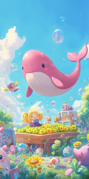 A cute little pink whale is flying and playing with a cute sunflower field in the centre, surrounded by floating bubbles and soft pastel colours. The background is a clear sky blue, creating an atmosphere of whimsy and joy. In front, there's an interactive table displaying various adorable toys like dolls or teddy bears. A small character sits on top of it, holding their phone and smiling at what they see. ar 1:2