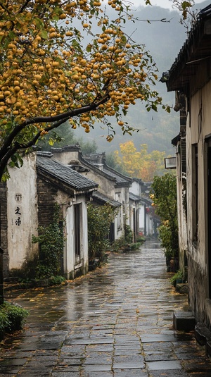 一条江南小镇的宽敞街道，古老的青石小巷，雨丝轻柔地洒落，柿子树满载金黄柿子，树下青藤缠绕，朦胧的水汽渗透过古屋的窗棂，静谧而温馨的氛围，青瓦白墙映衬出秋日的宁静。