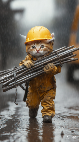 小猫猫雨天扛钢筋的拟人化工地冒险