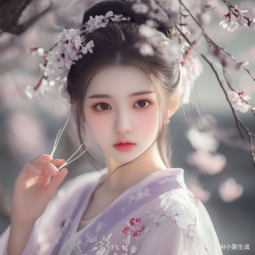 桃花树下的古灵精怪少女弹琴如诗如画