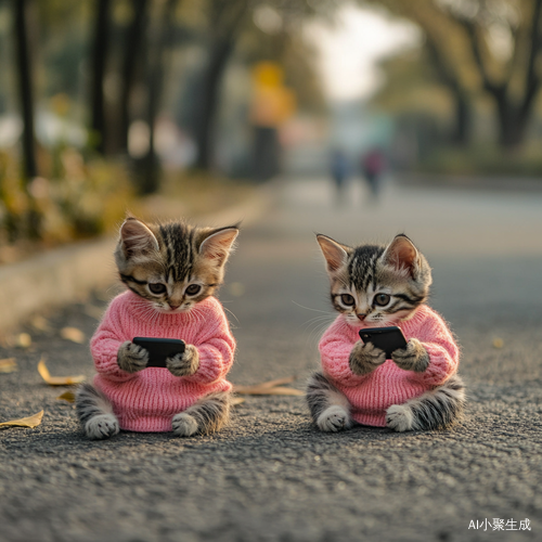 两只穿粉色毛衣的小猫在马路边玩手机