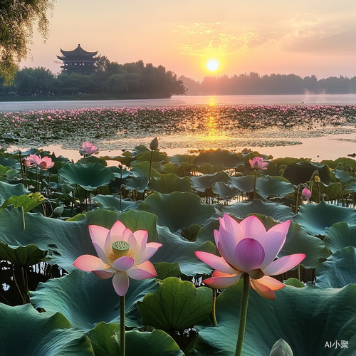 荷池边晚霞映照的荷花与芦苇自然风景